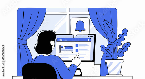 A person using a computer to book a hotel room online with a digital notification icon.