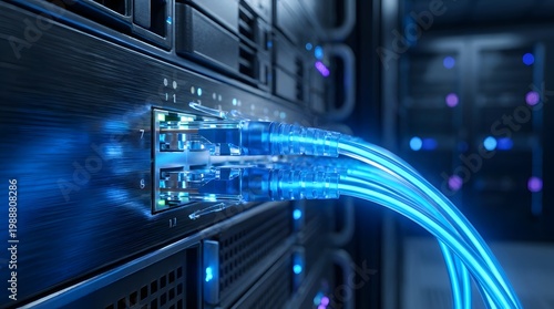 A close-up view of a server with blue cables connected to it in a data center