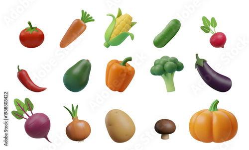 Large collection of 15 colorful 3D vegetable icons isolated on a white background. Realistic glossy set featuring tomato, cucumber, avocado, pumpkin, onion, chili and bell peppers, beetroot, carrot