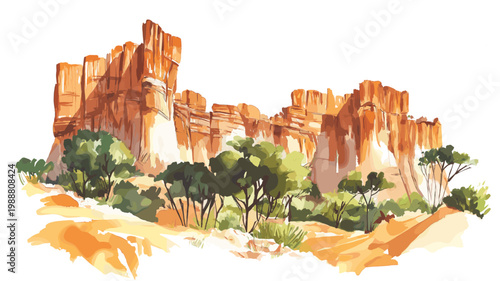 Bandiagara Escarpment. Bandiagara Escarpment hand drawn watercolor illustration on white background