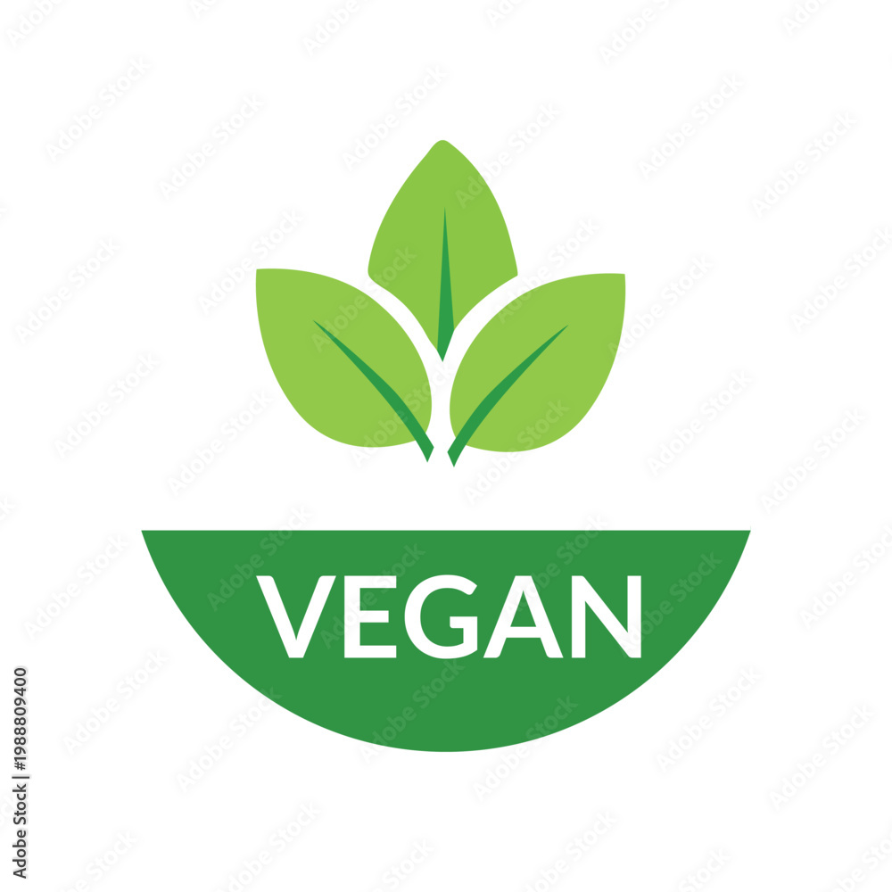 Fototapeta premium Green vegan logo with leafy illustration and text on white