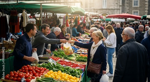 Bustling outdoor market with diverse shoppers browsing fresh produce stalls