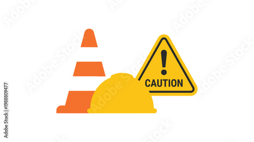 Cone helmet and caution sign for workplace warning isolated vector design