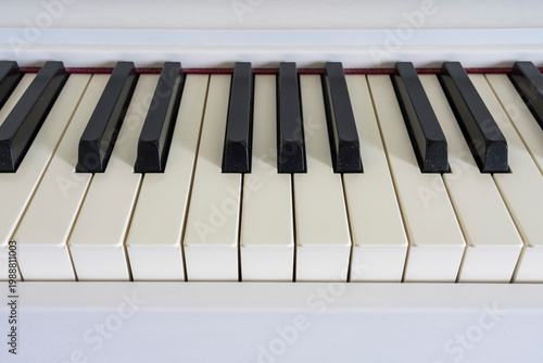 Close-up view of piano keys featuring black and white keys arranged in a standard layout, showcasing the smooth surface and precise alignment of the keys