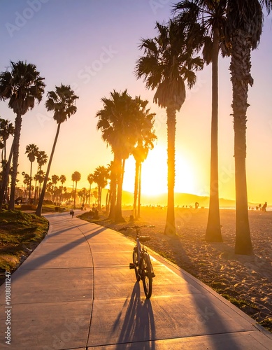 A sunlit scene features a bike resting on a path next to towering palm trees. The golden sun sets over a beach