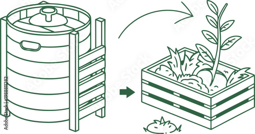 Compost bin transforming into a garden planter with a growing plant