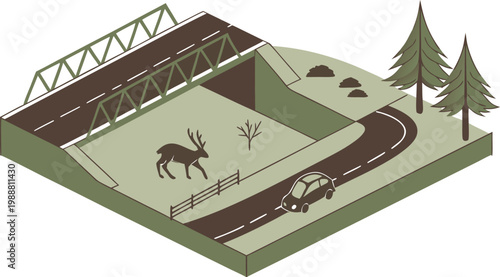 Isometric illustration of moose crossing road under highway overpass with car approaching