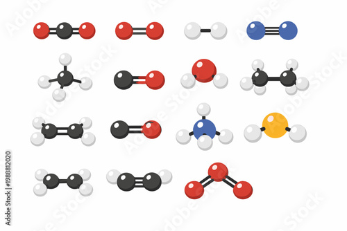 Comprehensive Set of Chemical Gas Molecule Models Including Carbon Dioxide, Oxygen, Hydrogen, Nitrogen, Methane, Carbon Monoxide, Water, Ammonia, Ozone, and Ethane Vector Illustration Icons
