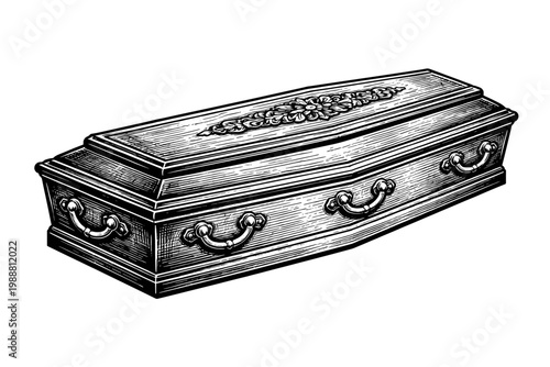 Detailed vintage engraving style vector illustration of a classic wooden coffin featuring ornate floral carvings and metal handles, isolated on white for funeral, death, and memorial designs.