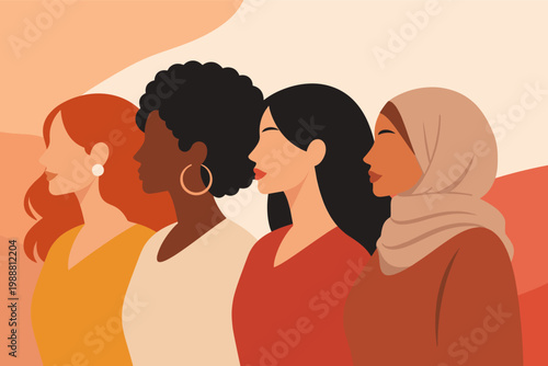 Diverse Group of Women Portraits for Women's History Month. Minimalist Flat Vector Illustration of Multi-ethnic Females Standing Together. International Women's Day Poster with Inclusive Characters.