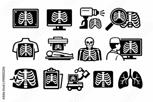 Chest X-ray and Rib Cage Icon Set Collection in Black Flat Line Style Featuring Radiology, Skeleton, Lungs, Medical Imaging, Diagnostic Equipment, and Healthcare Symbols for Hospital Use.