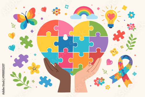 World Autism Awareness Day Vector Illustration with Colorful Puzzle Heart Held by Diverse Hands, Neurodiversity Symbol, Inclusion and Support Concept with Ribbon, Butterfly, and Rainbow Icons.