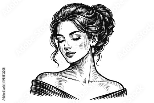 Elegant young woman with closed eyes and soft expression, hand-drawn sketch in vintage engraving style, beautiful female portrait with bun hairstyle and earrings, classic line art illustration.
