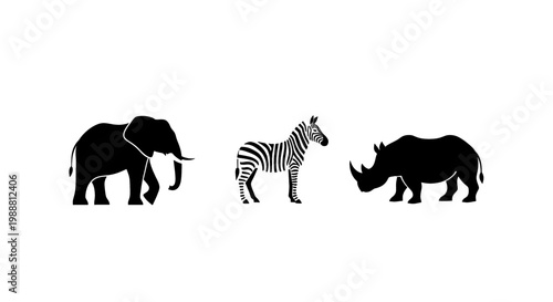 A silhouette of an elephant, zebra, and rhinoceros standing together on transparent background