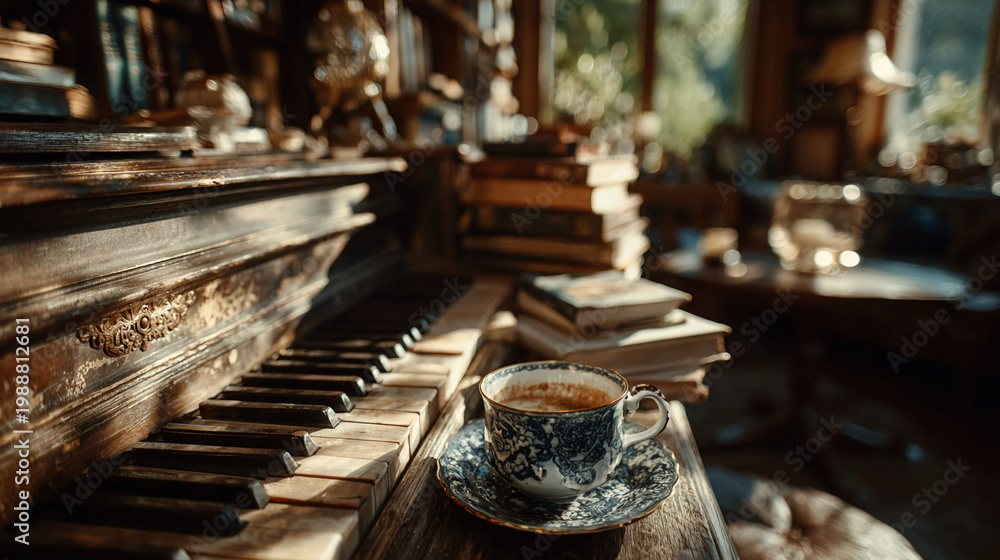 Fototapeta premium Vintage piano in cozy study filled with books, warm sunlight, and coffee, symbolizing music study, creativity, learning, artistic focus, intellectual inspiration, and relaxed educational environment,