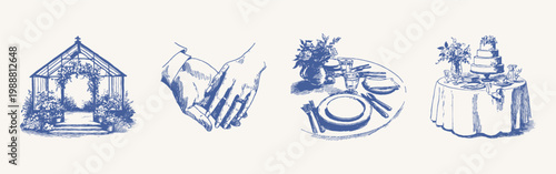 Wedding greenhouse arch, couple hands, table setting, and cake composition in hand drawn sketch style. Illustrations for menus and invites in pencil line texture.