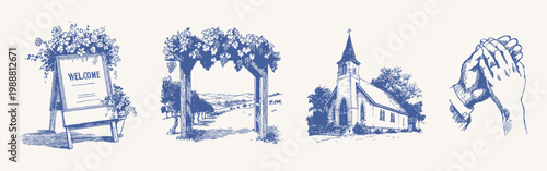 Wedding welcome sign, floral arch, chapel, and holding hands in delicate hand drawn sketch style. Illustrations for invitations and signage in pencil line texture.