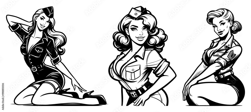 Obraz premium Military pin up girl collection, vintage army woman in uniform and flight cap, classic retro war style vector characters
