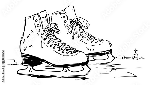 Ice skates pair hand drawn sketch, winter sports equipment illustration in vintage ink style for leisure, activity and seasonal holiday themes