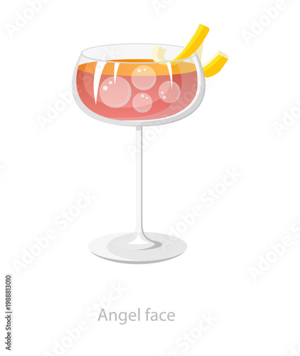 Vector illustration of a pink angel face cocktail in a coupe glass with bubbles and lemon peel, created for bar menus and beverage themed design.