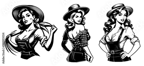 Vintage cowgirl pin up girl set, hand drawn retro farm woman in overalls and hats, classic country western style vector