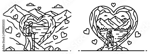 Mountain hiker love concept illustration, man trekking with backpack inside heart frame, minimalist line art nature landscape for coloring book