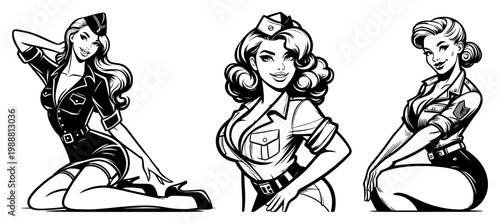 Military pin up girl collection, vintage army woman in uniform and flight cap, classic retro war style vector characters