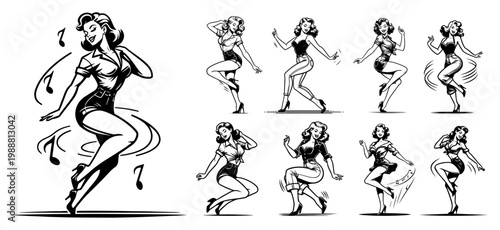 Dancing pin up girl set, retro 1950s style woman characters in musical dance poses, vintage hand drawn rockabilly fashion illustrations