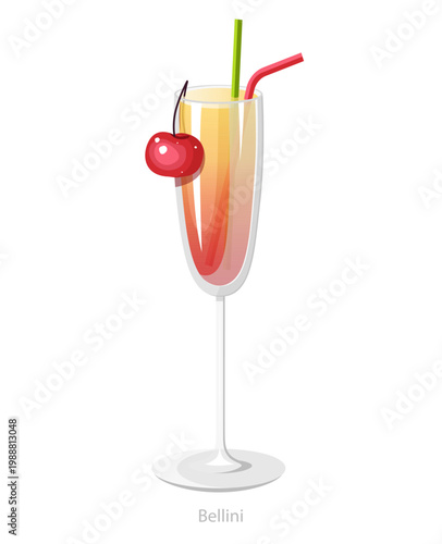 Vector illustration of a Bellini cocktail in a flute glass with cherry garnish and colorful straws, suitable for bar menus and beverage graphics.