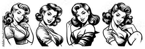Retro pin up girl portraits set, vintage 1950s style woman characters, classic hand drawn comic book art vector