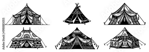 Tribal nomadic tents set, hand drawn ethnic tipi, yurt and marquee collection with boho patterns for camping and outdoor adventure