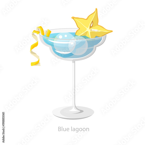 Vector illustration of a blue lagoon cocktail in a coupe glass with starfruit, bubbles, and lemon peel, suitable for bar menus and tropical drink graphics.