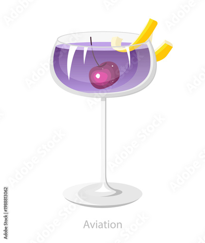 Vector illustration of an aviation cocktail in a coupe glass with cherry garnish and lemon peel, suitable for bar menus and elegant drink graphics.