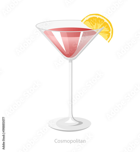 Vector illustration of a Cosmopolitan cocktail in a martini glass with lemon slice, suitable for bar menus, beverage cards, and elegant drink graphics.
