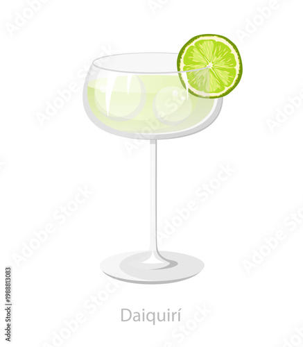Vector illustration of a daiquiri cocktail in a coupe glass with lime garnish, designed for bar menus, beverage labels, and tropical drink graphics.