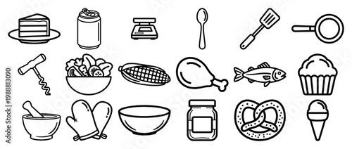 Hand drawn kitchen and food icon set, minimalist black and white cooking tools and grocery elements for menu and cafe design