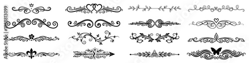 Ornamental vintage dividers and flourishes set, decorative floral vignettes and calligraphic borders for wedding invitation and card design