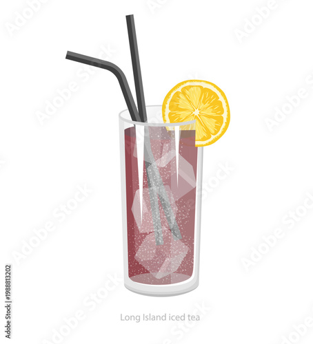 Vector illustration of a long island iced tea cocktail in a tall glass with ice, bubbles, straws, and orange slice for bar menu and drink design.