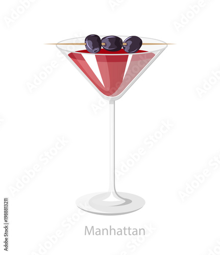 Vector illustration of a red Manhattan cocktail in a martini glass with dark berry garnish on a skewer, designed for bar menus and drink graphics.