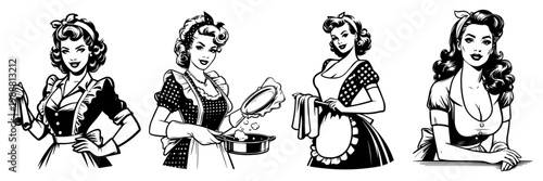 Vintage housewife and waitress pin up girl set, retro woman cooking and cleaning in apron, classic domestic lifestyle illustrations