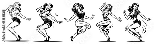 Jumping and dancing pin up girl set, dynamic retro woman characters in musical poses, vintage hand drawn active fashion