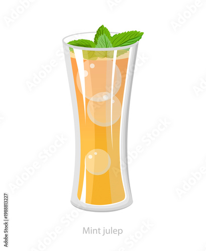 Vector illustration of a mint julep cocktail in a tall glass with mint leaves and bubbles, suitable for bar menus and drink themed design.