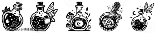 Magic potion bottles set, hand drawn mystical jars with herbs, mushrooms and celestial symbols for fantasy game design
