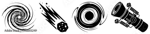 Outer space icons set, galaxy vortex, falling comet, black hole and telescope silhouettes for astronomy and science design