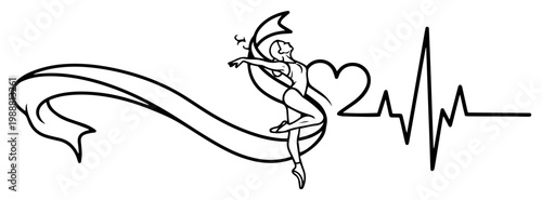 Ballerina with rhythmic gymnastics ribbon and heartbeat line art, dance and heart health love concept illustration