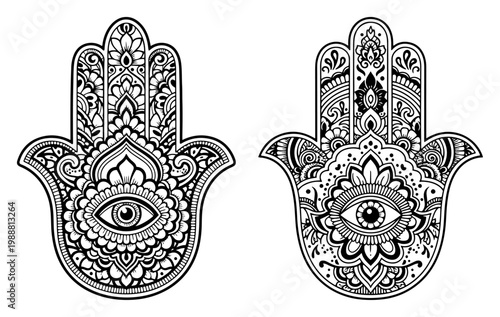 Hamsa hand of Fatima with eye of providence, intricate floral mandala patterns for protection amulet and spiritual design