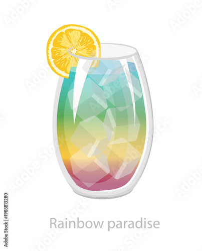 Vector illustration of a colorful layered cocktail with ice cubes in a tall glass, garnished with an orange slice for menu, bar, and drink design.