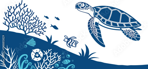 Blue silhouette of a sea turtle swimming near coral reef with fish and ocean plants