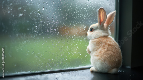 A small bunny with soft brown and white fur sits quietly on a ill watching raindrops streak down the glass on a cloudy and gloomy day outside.