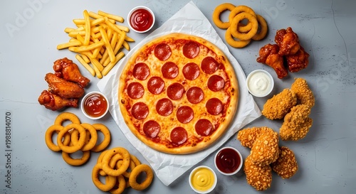 Delicious pepperoni pizza with golden fries and crispy chicken wings on gray table top view